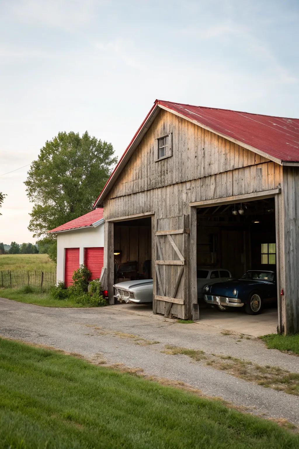 Barn with versatile garage spaces for storage and vehicle access.
