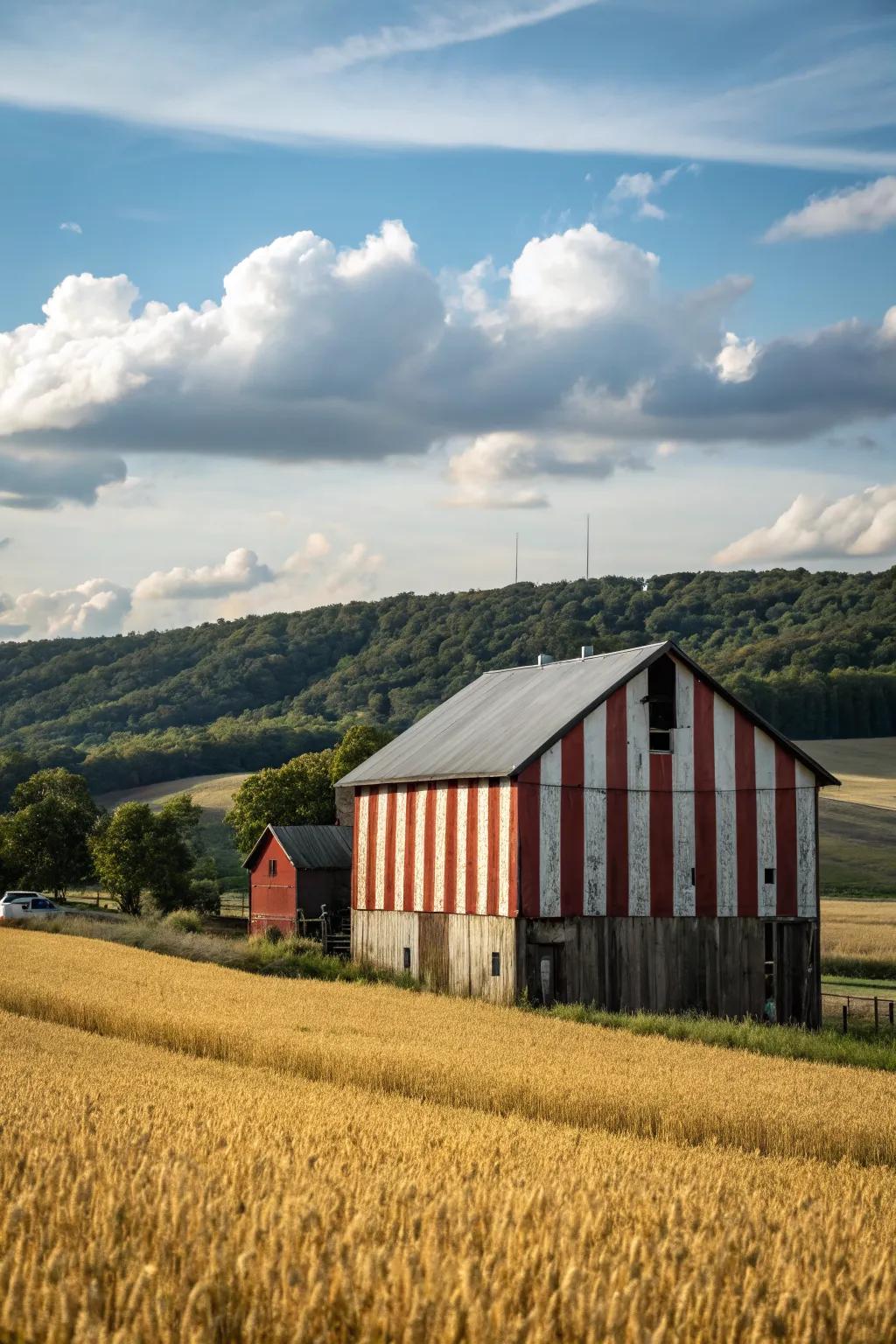 A barn sporting chic stripes, blending bold and neutral tones in a rural landscape.