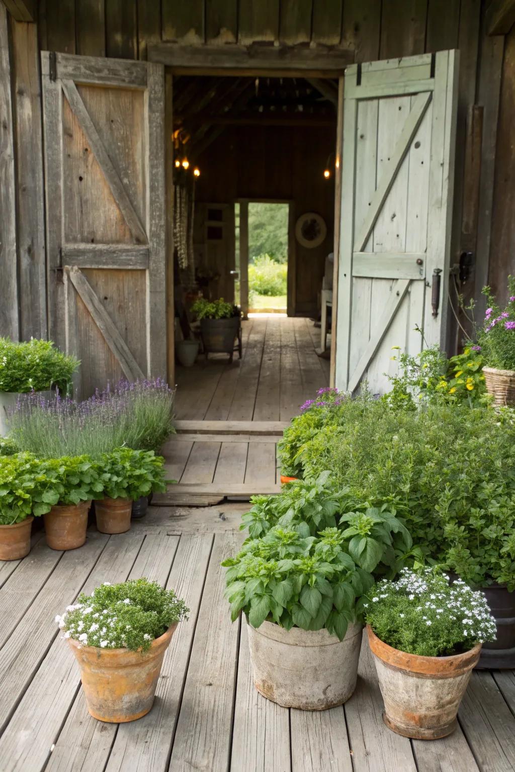 A barn porch with potted plants and herbs, bringing nature closer to your doorstep.
