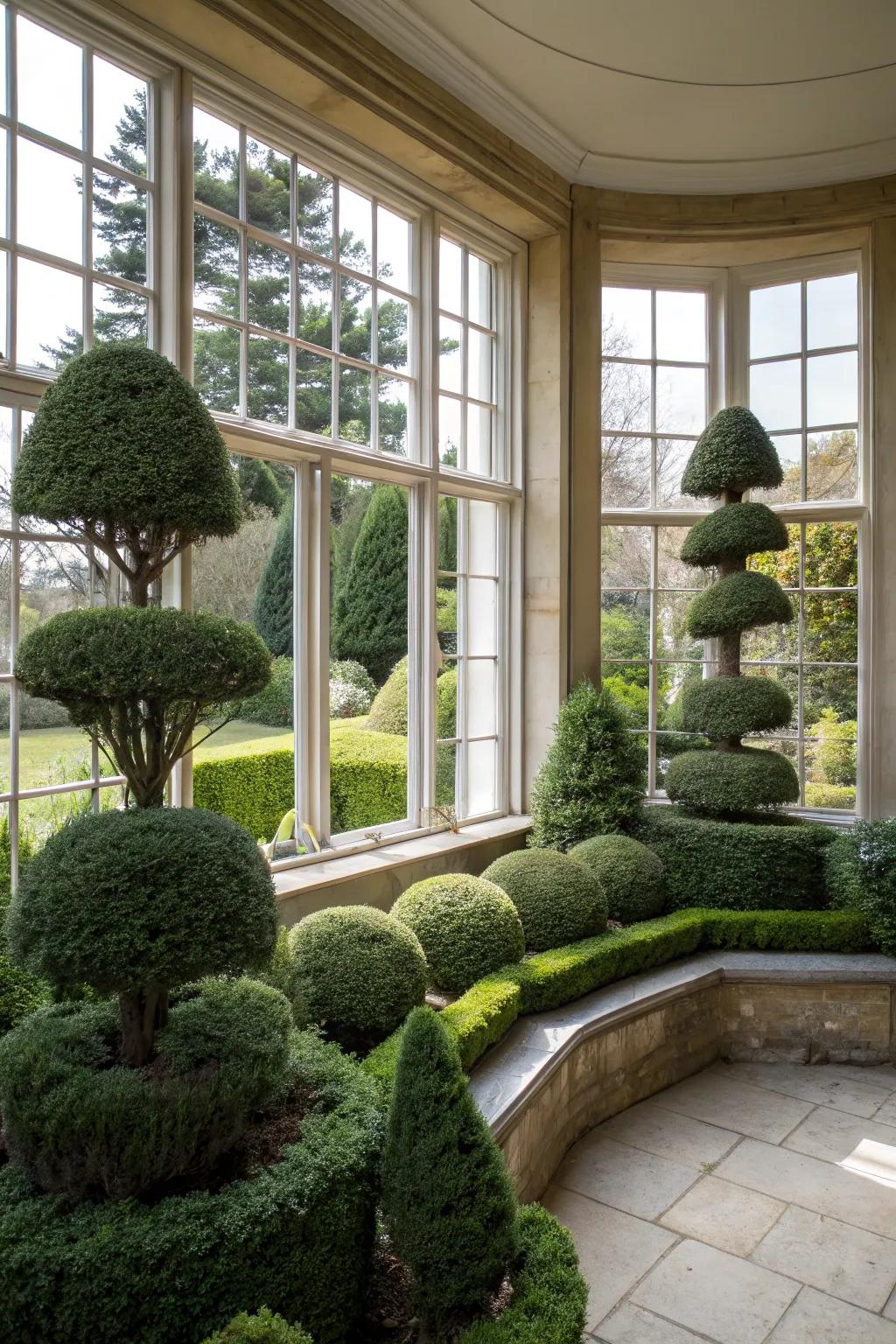 Topiary adds whimsy and structure to bay window landscaping.