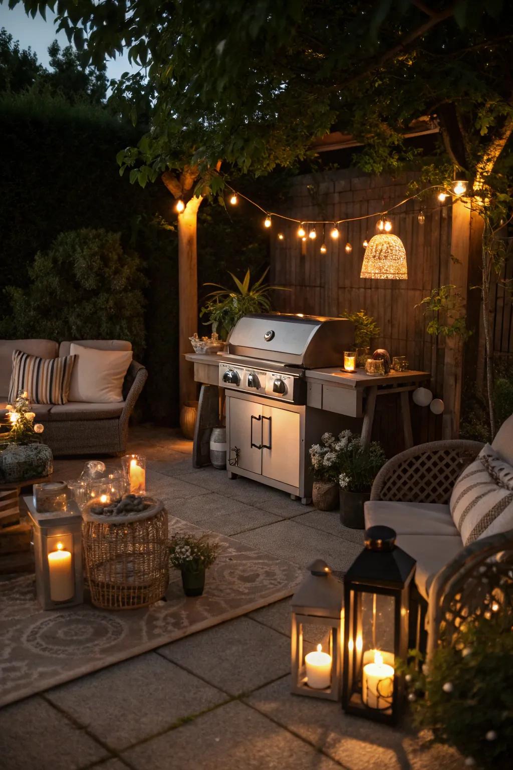 Candles and lanterns offer a warm and inviting glow.