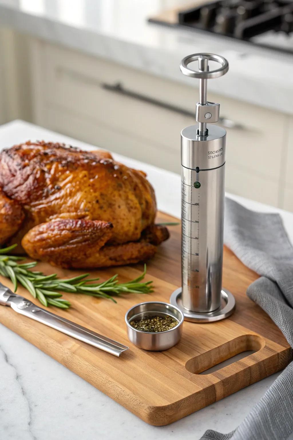 A meat injector adds depth of flavor to grilled meats.