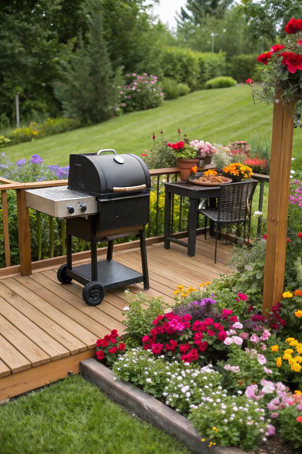Combination smoker and grill enhancing garden gatherings.