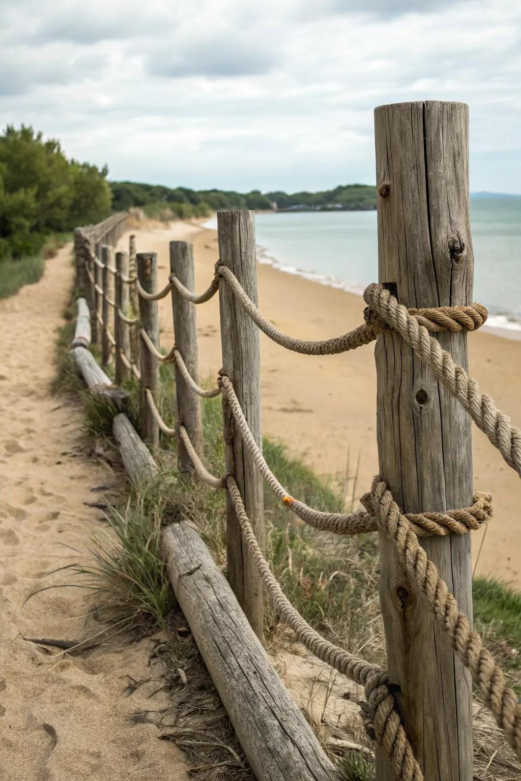 Driftwood and ropes create a fence that's both artistic and functional.