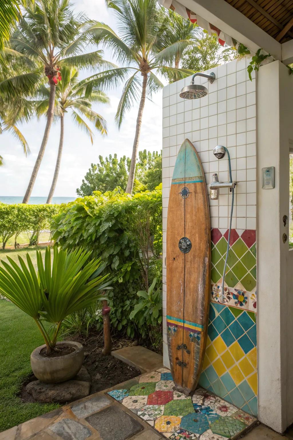 Unique decorations give this outdoor shower a playful and distinctive look.