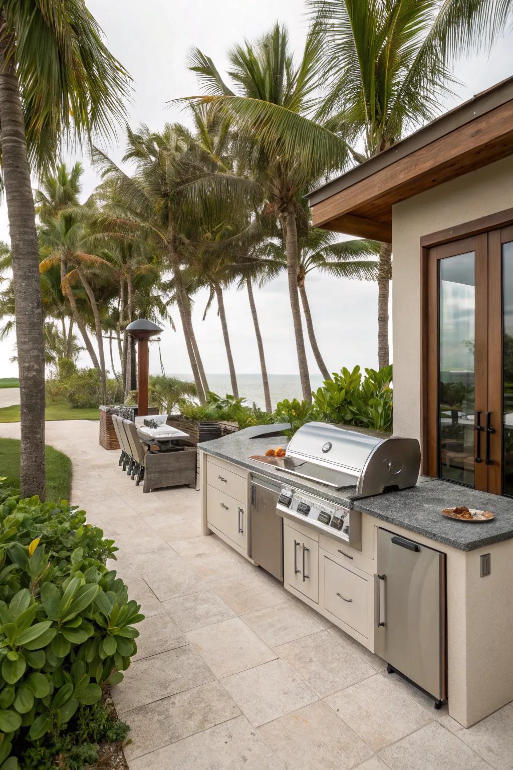 An inviting outdoor kitchen setup on a beach house patio perfect for entertaining.