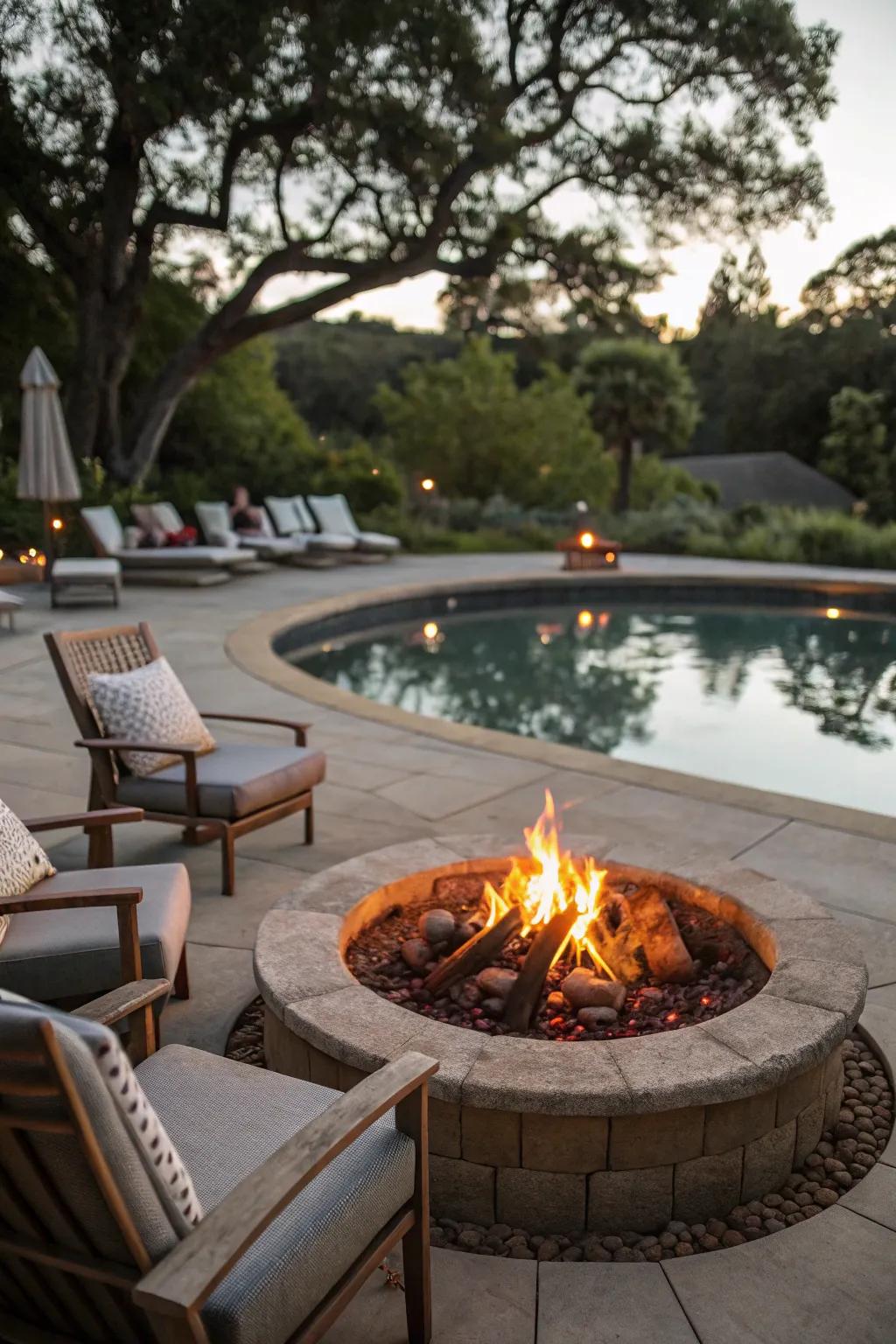 A poolside fire pit adds warmth and ambiance