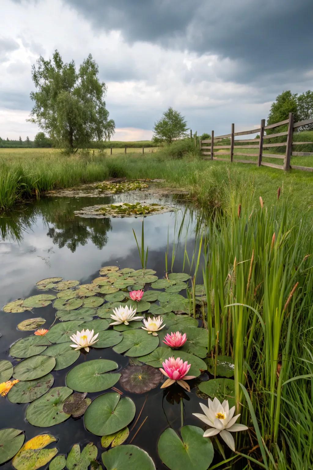 Aquatic plants like water lilies add beauty and help keep the pond healthy.