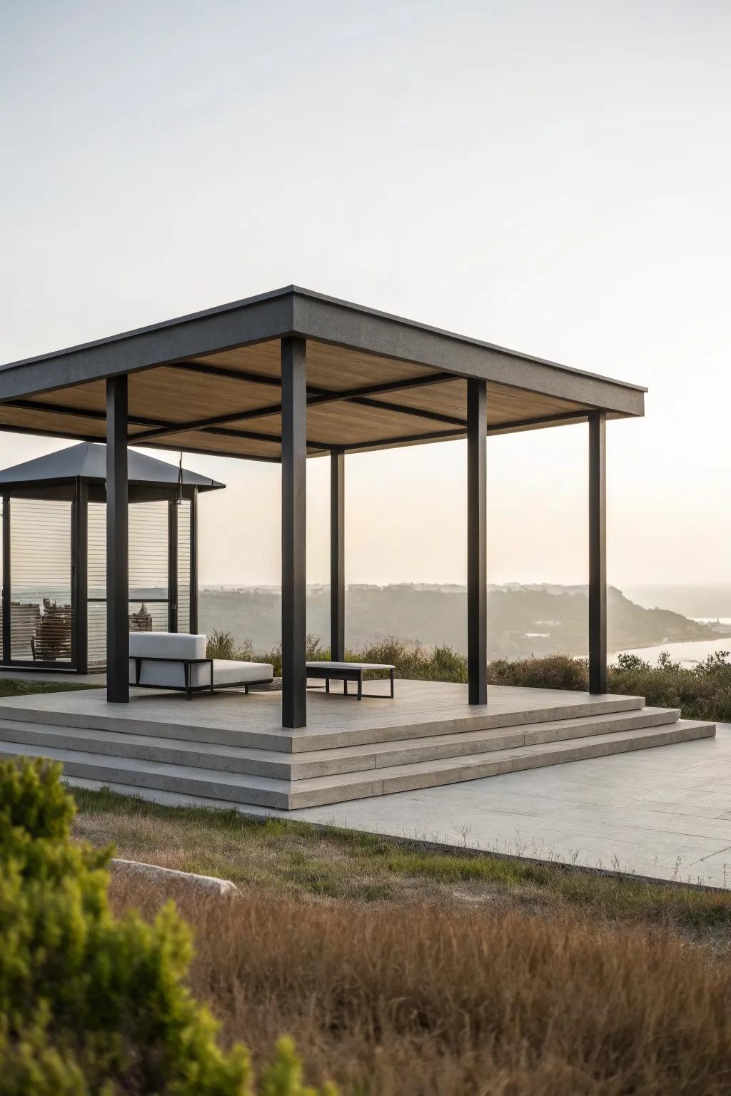 A modern minimalist gazebo with a clean and sleek design.