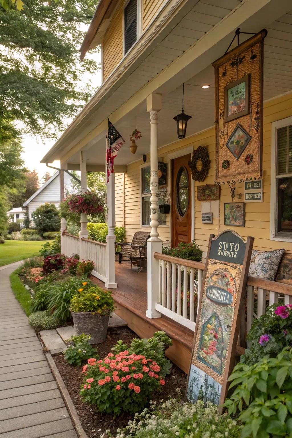Personal touches adding character to the porch.