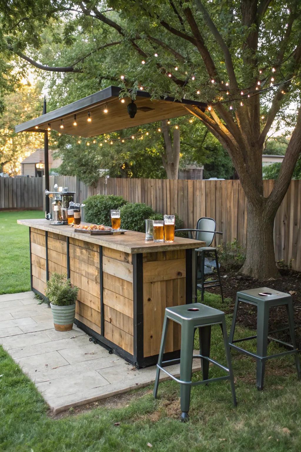 A DIY outdoor bar adds a personal touch.
