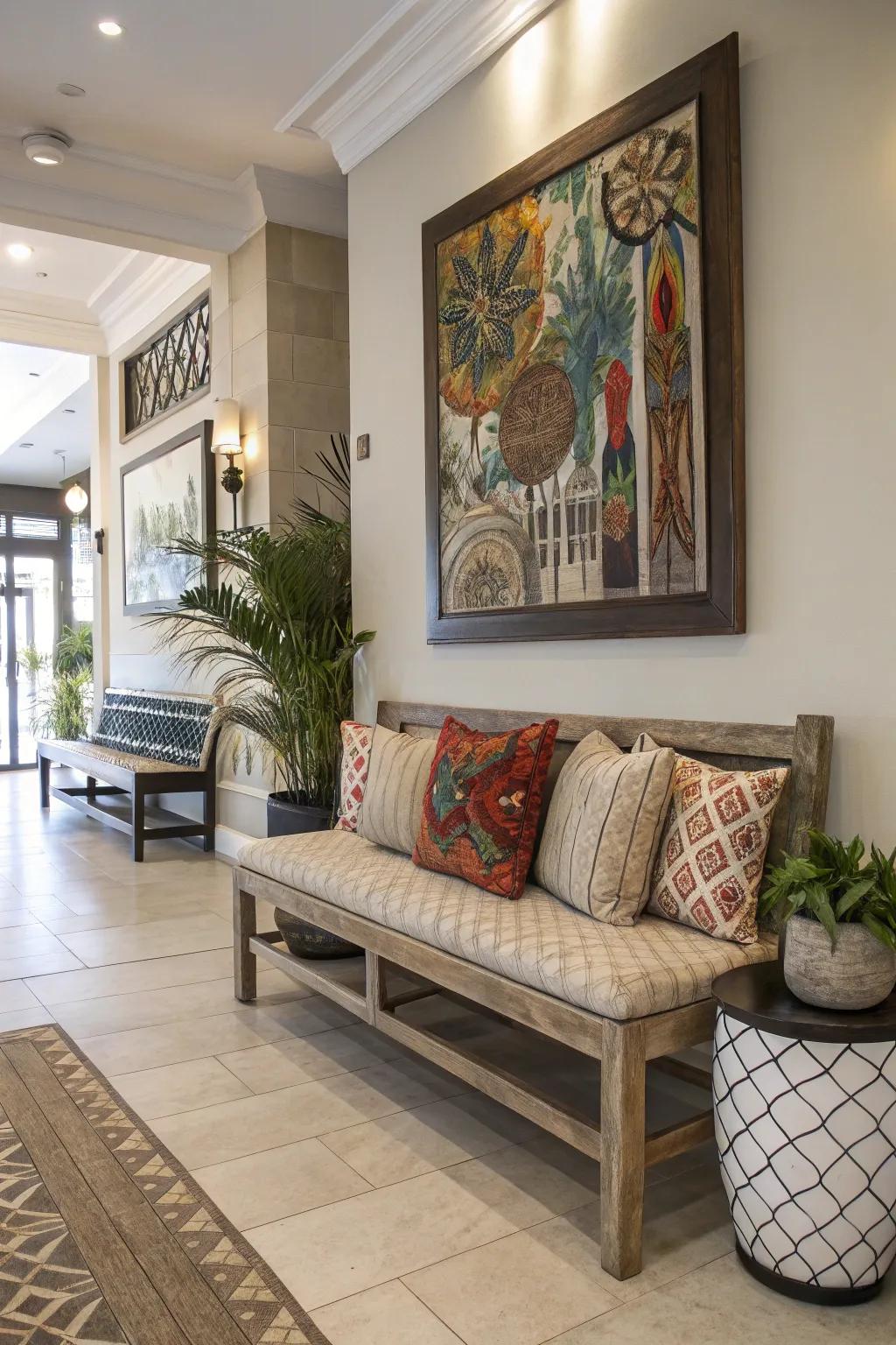 Wall art creates a stunning backdrop for this bench.