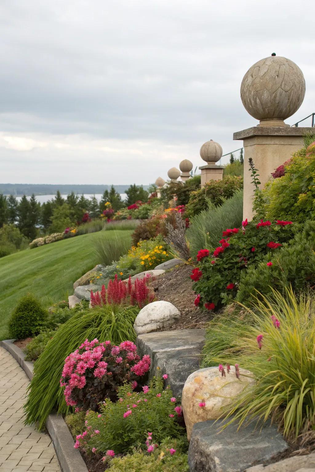 Sculptural elements providing a unique focal point on a garden berm.