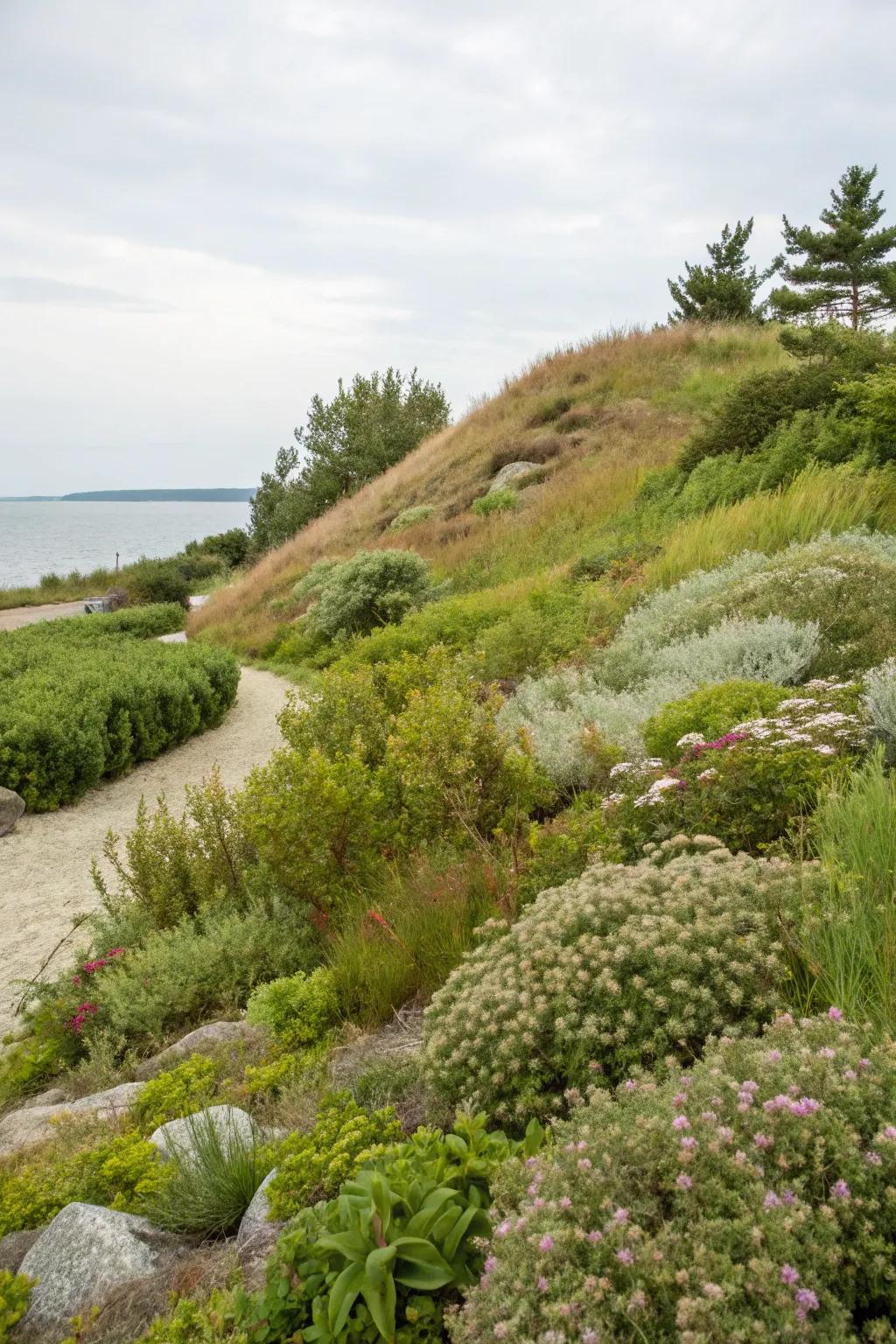 A seamless blend of native plants creates a naturalistic berm setting.