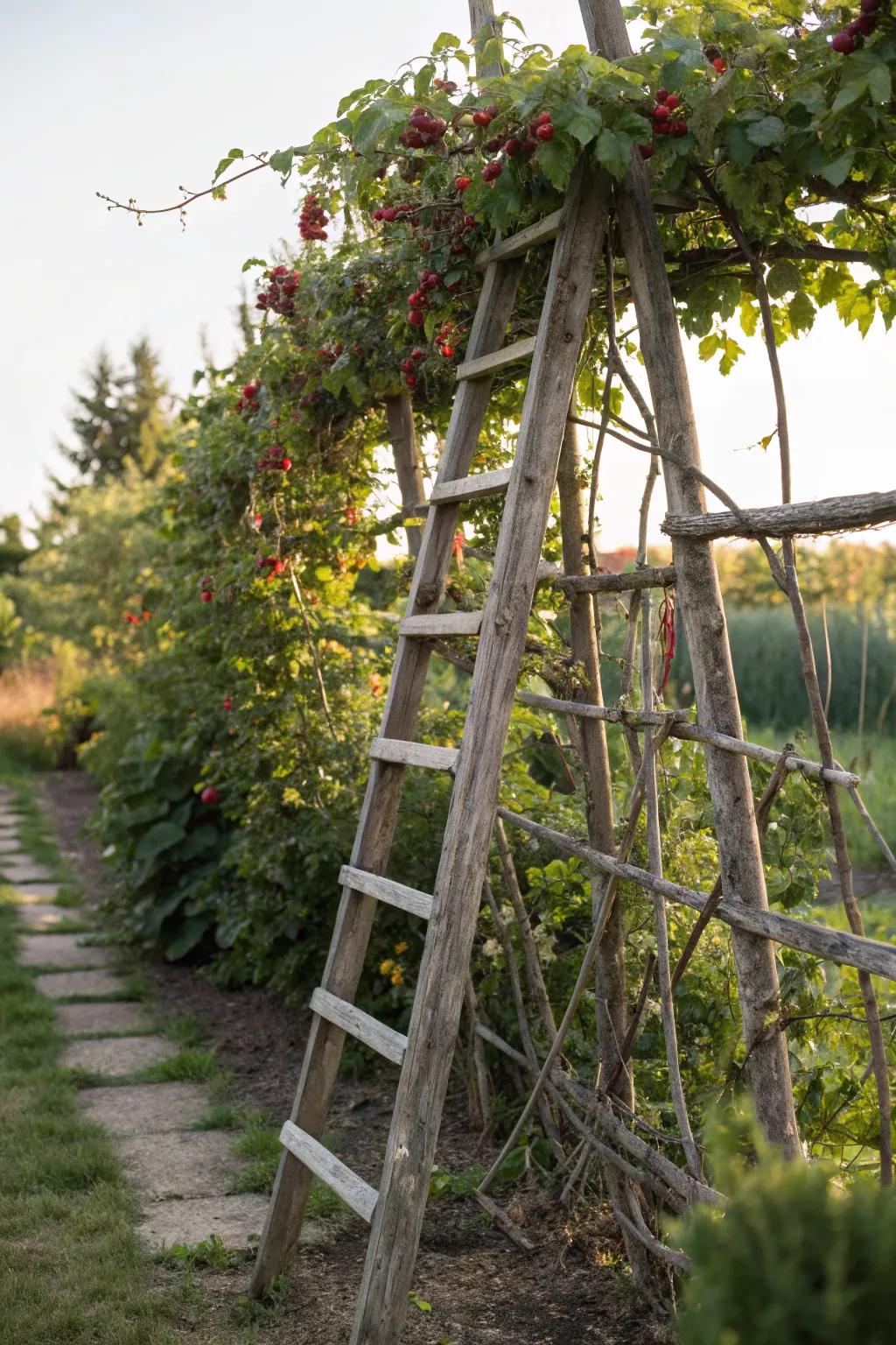 Recycled material trellis offers an eco-friendly and unique garden solution.