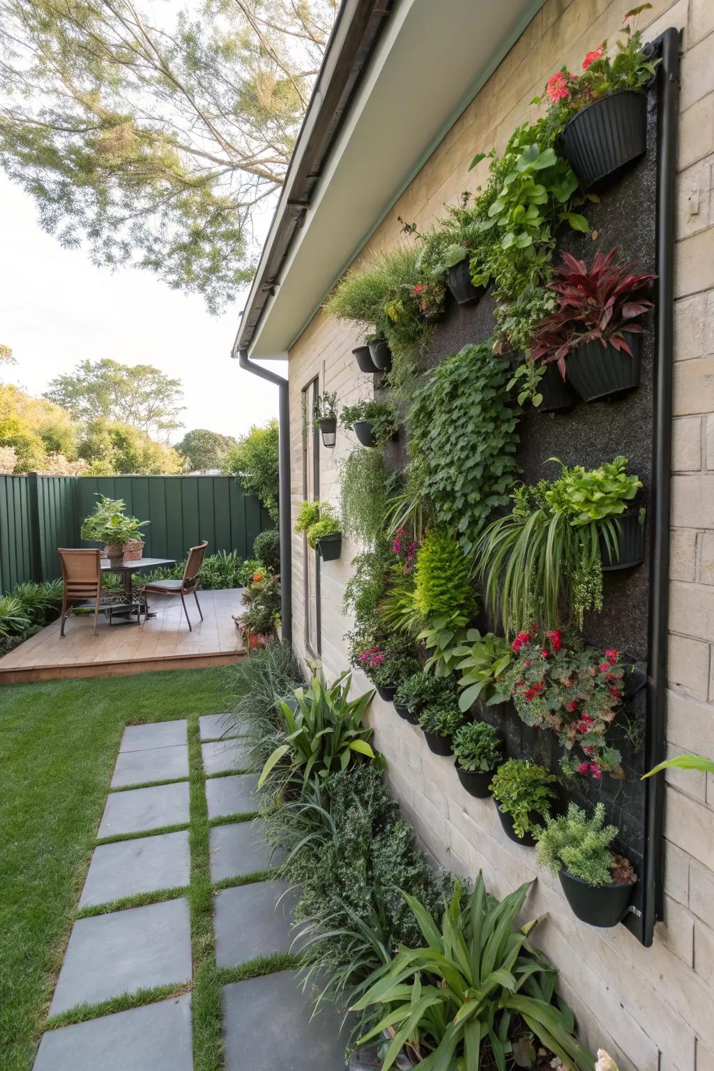 A vertical garden adds lush beauty without using ground space.