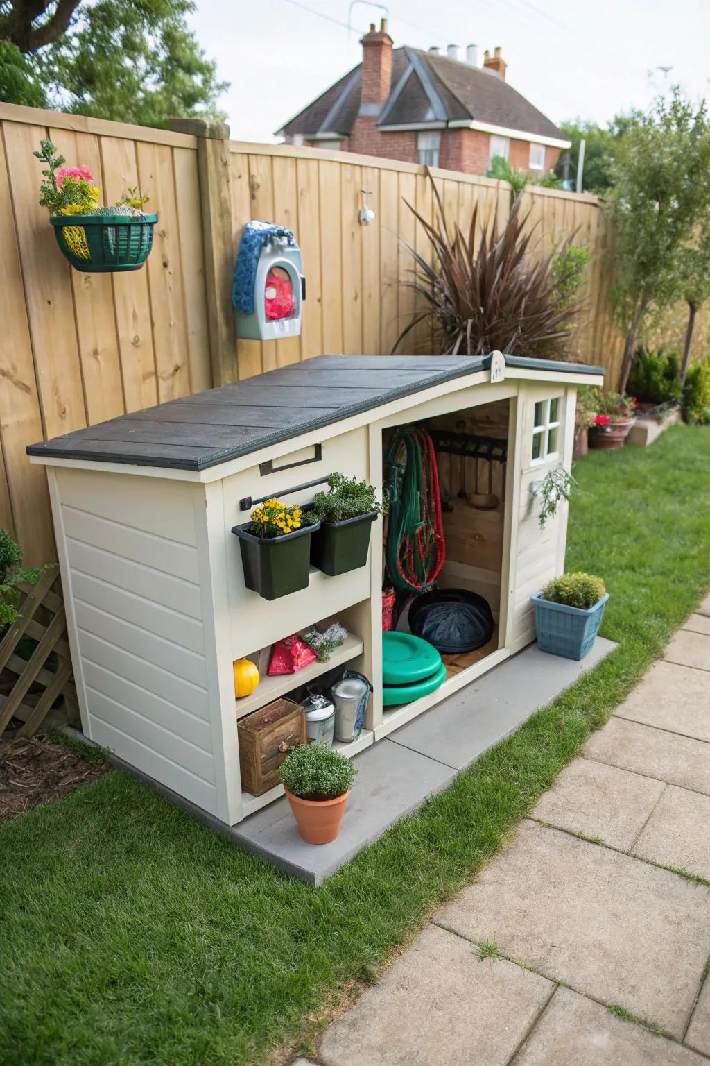 A dual-functional dog house with built-in storage.