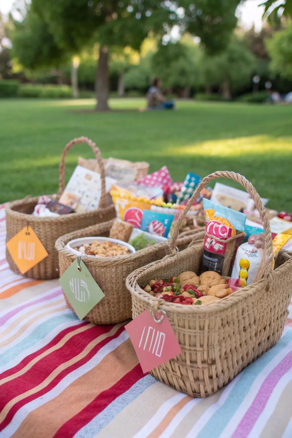 Personalized picnic baskets filled with favorite treats.