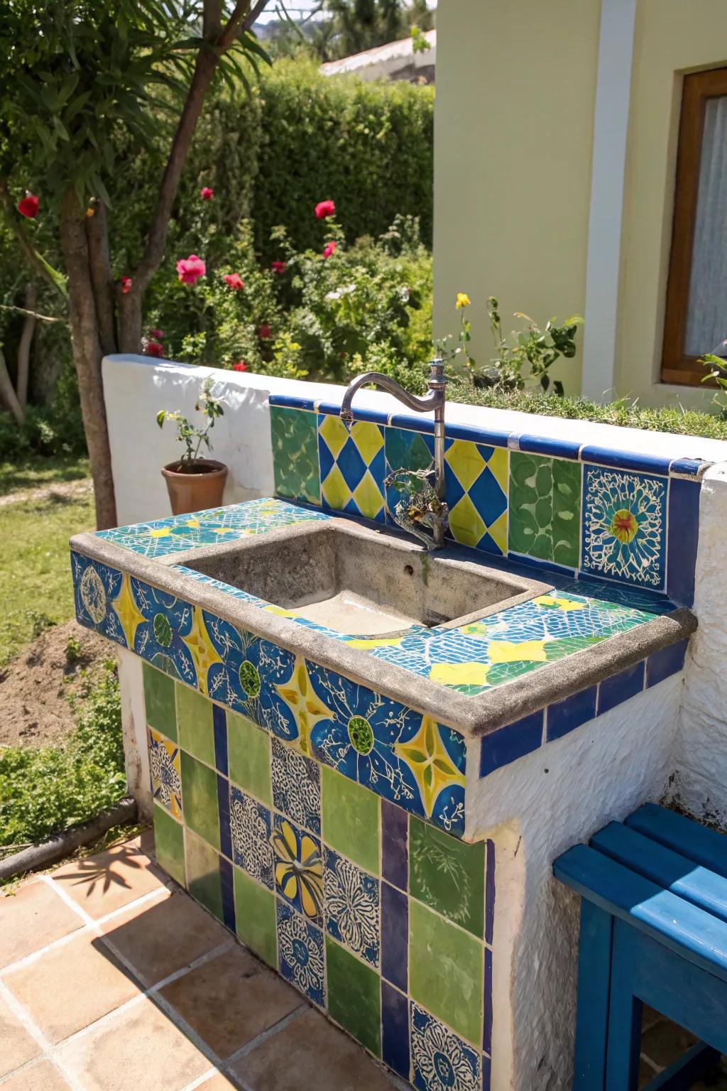 A tile backsplash can transform your outdoor sink into a vibrant focal point.