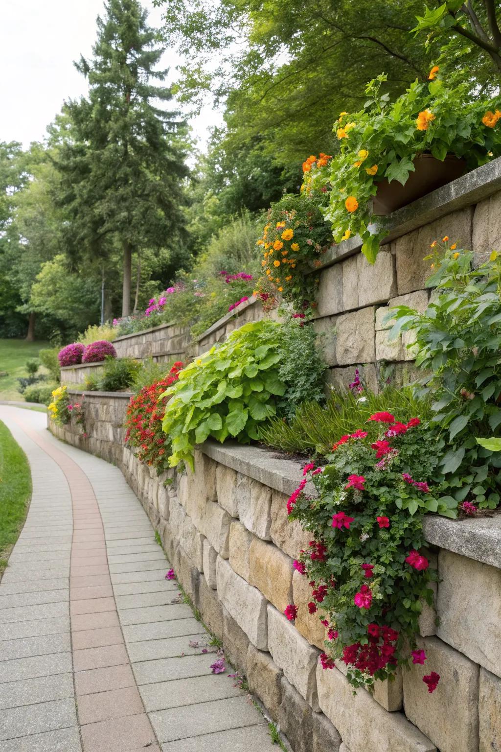 Integrated vegetation adds life and color to retaining walls.