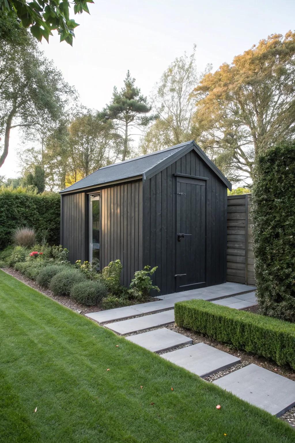 Sophisticated charcoal stain adds modern elegance to any shed.