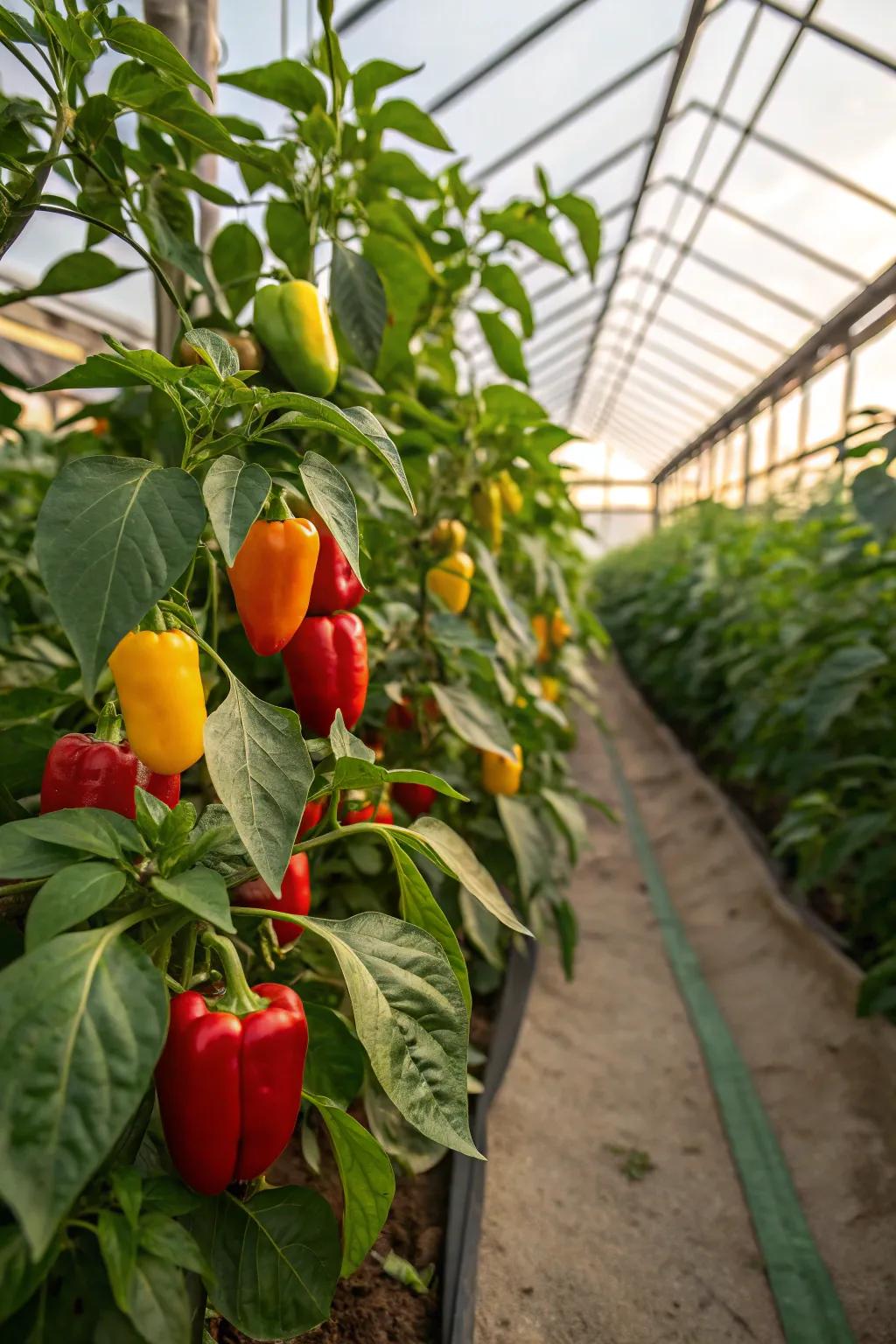 A rainbow of peppers thriving in a greenhouse, adding spice to any dish.