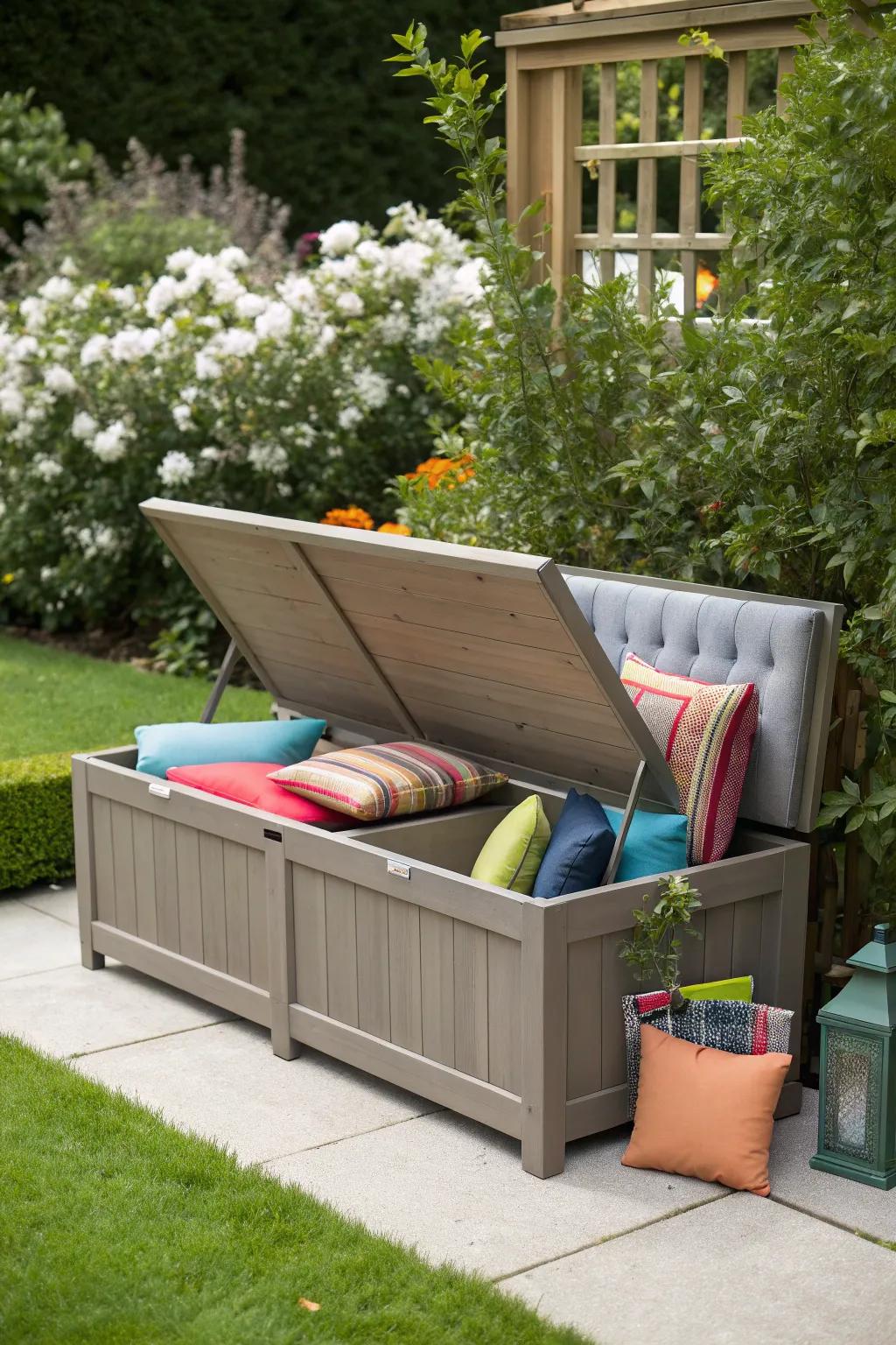 A functional storage bench for discreet cushion storage