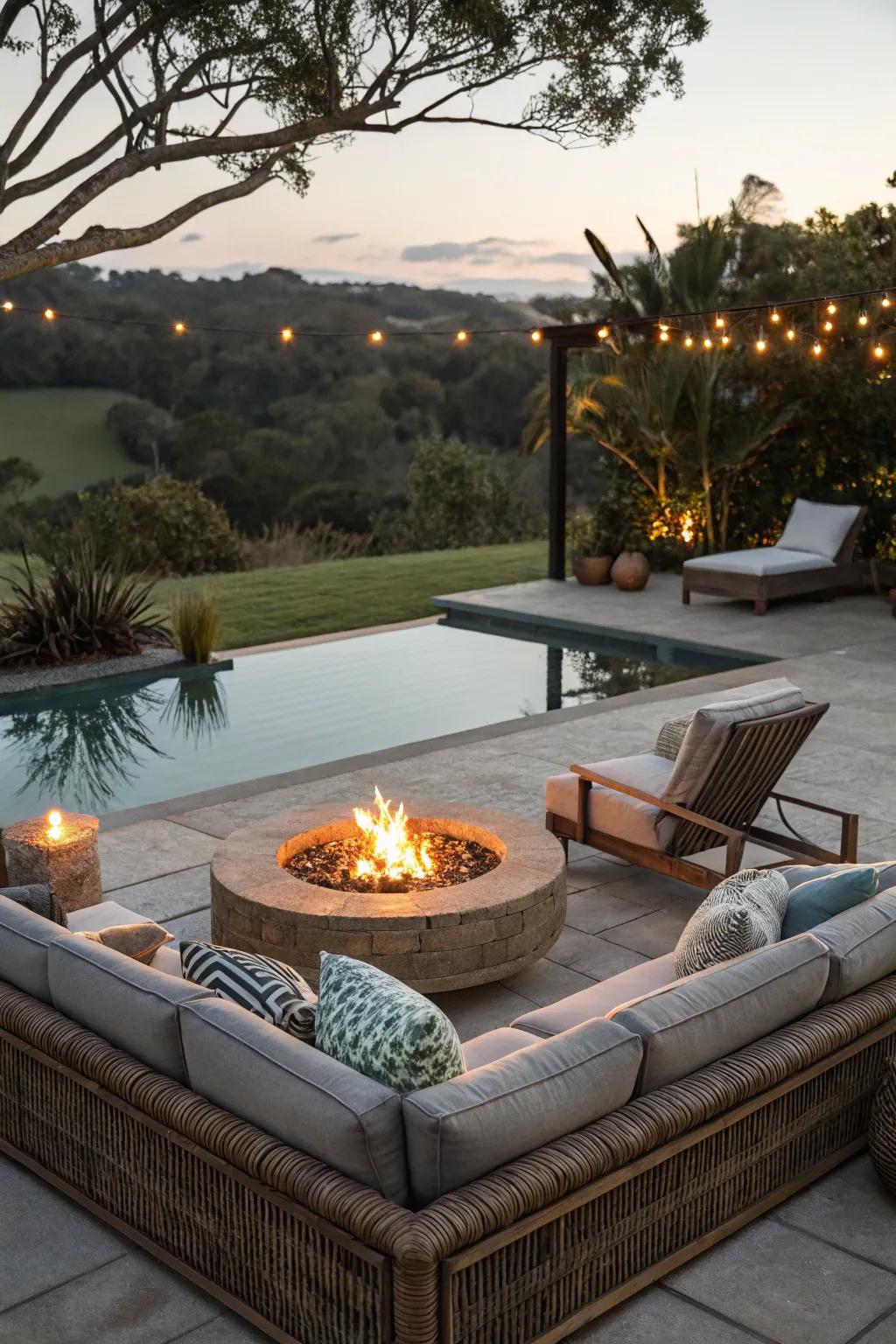 Create a cozy ambiance with a fire pit by your pool.