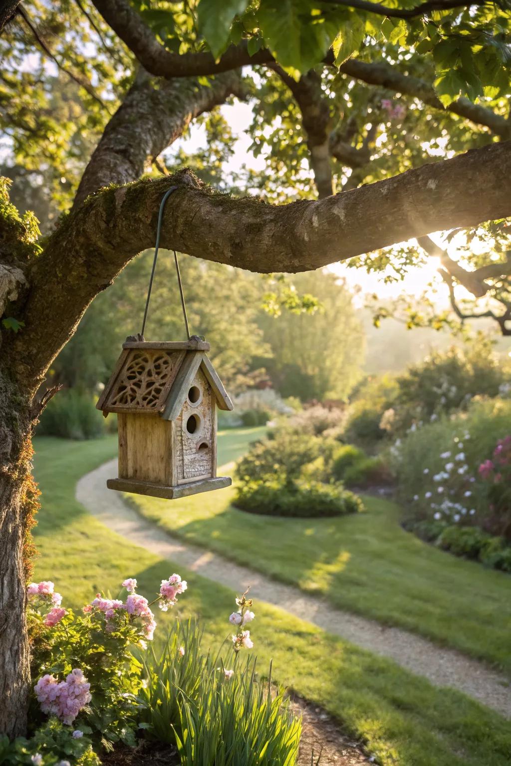 A birdhouse gently sways on a tree branch, bringing life to the garden.