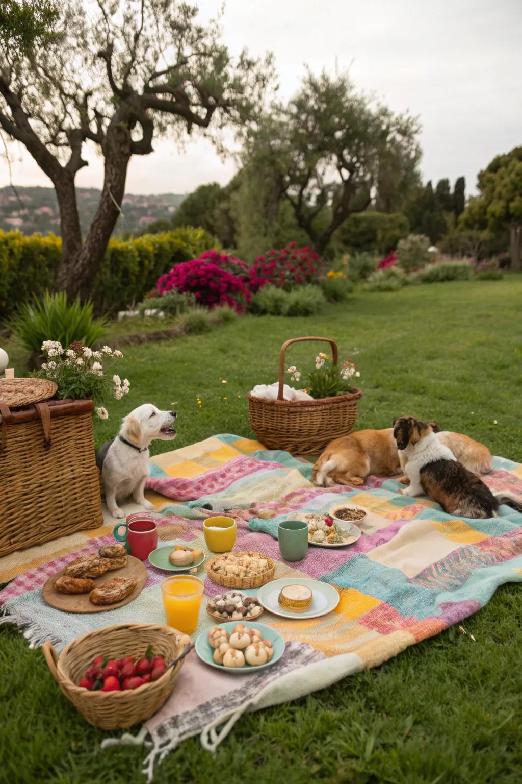 A pet-friendly picnic with pets enjoying the outdoors.