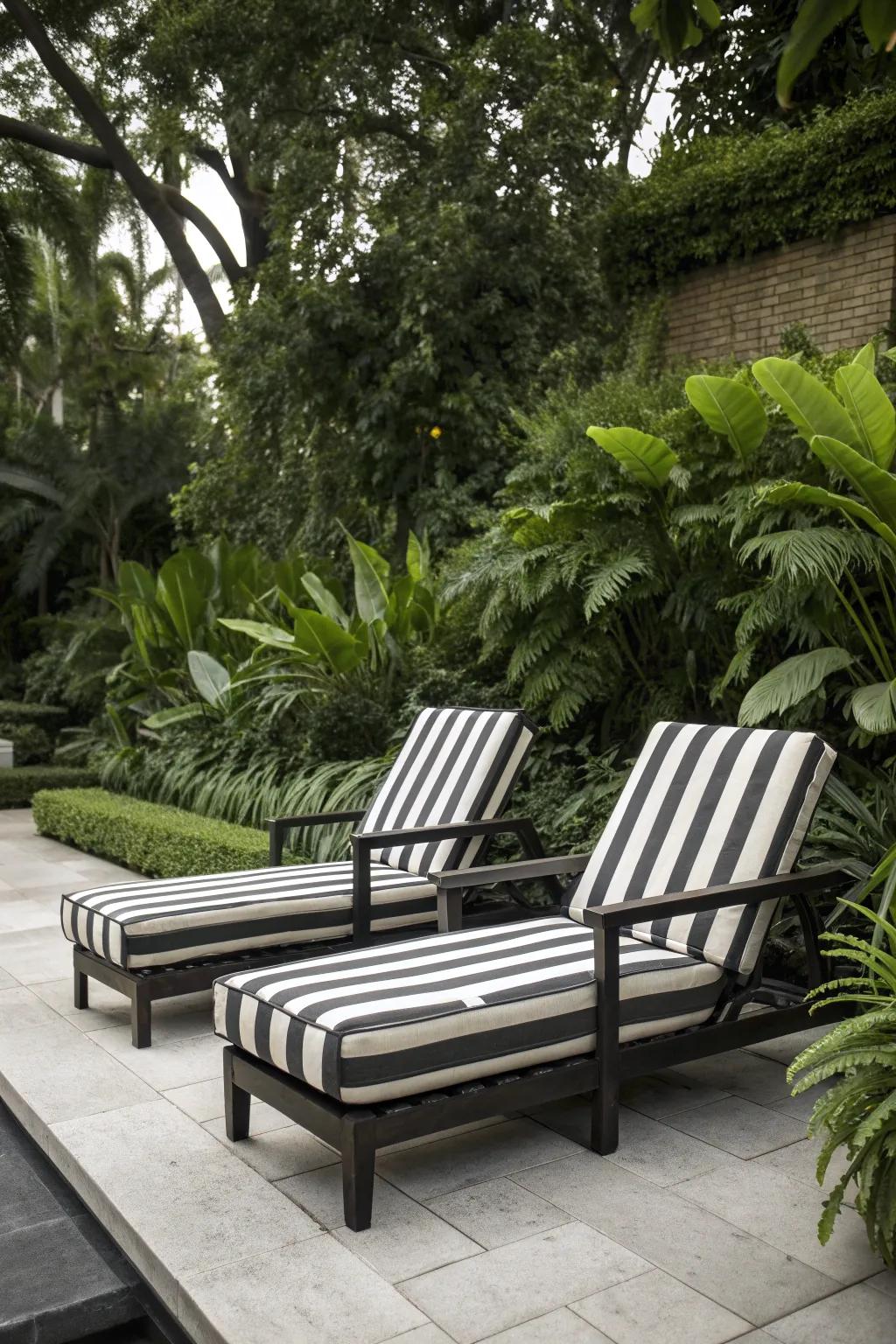 Greenery enhances the elegance of striped patio furniture.