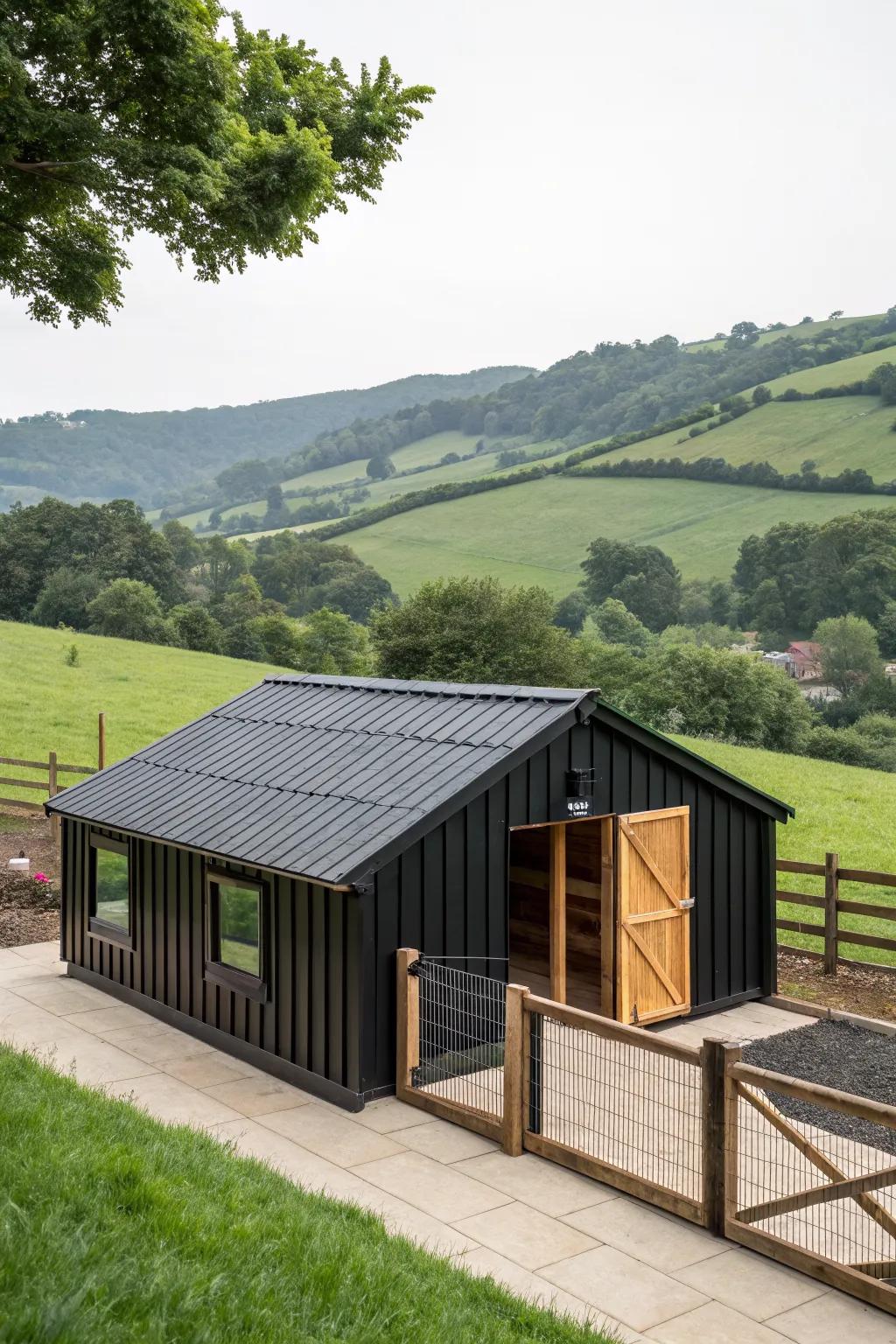 A black barn serving as a stylish animal shelter.