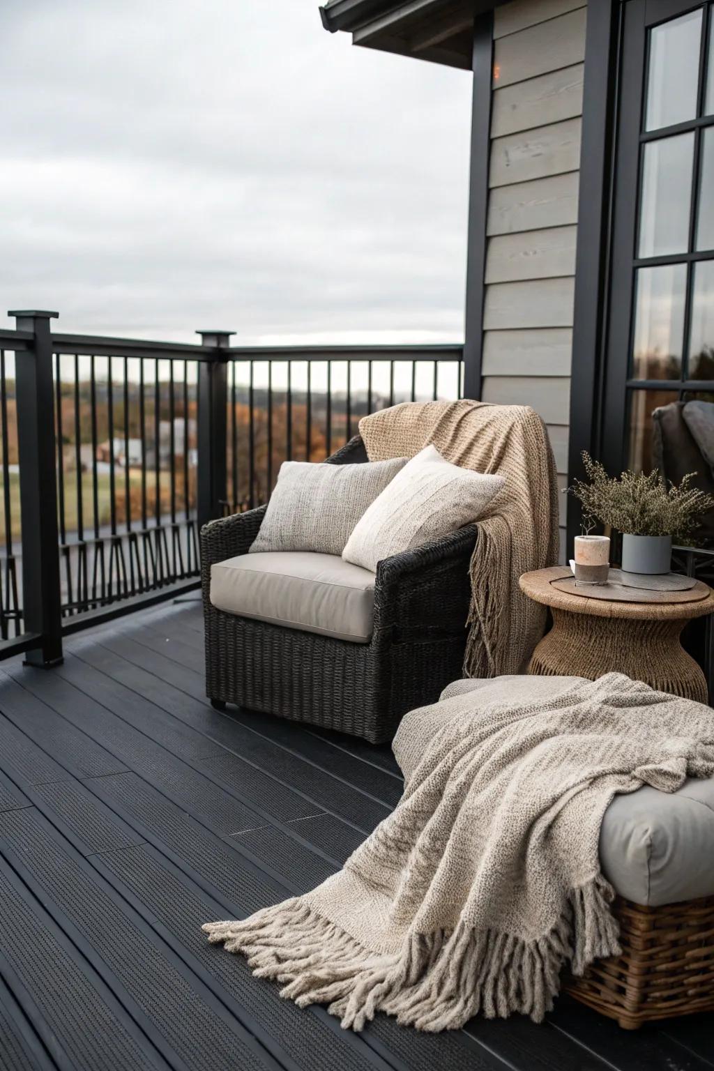 Create a snug retreat on your black deck with cozy furnishings.