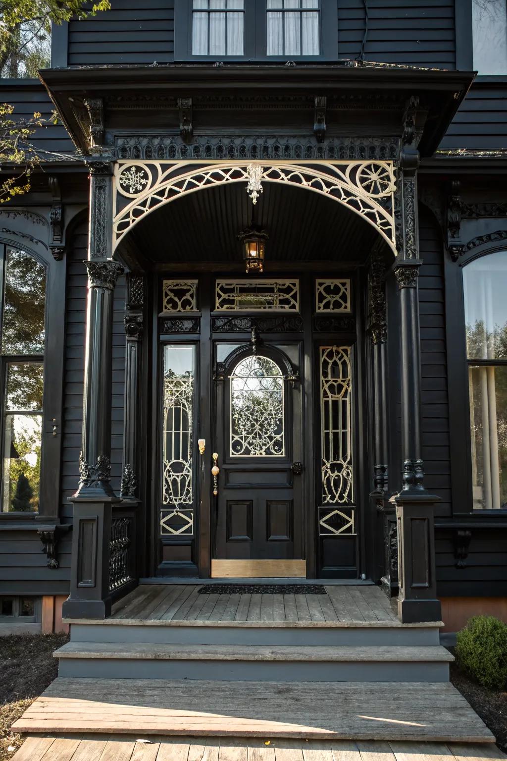 Entryway details stand out against a black backdrop.