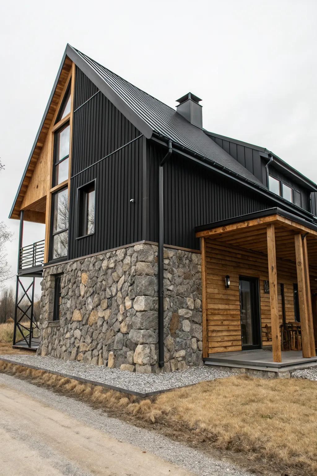 Mixed materials create a visually intriguing black house exterior.