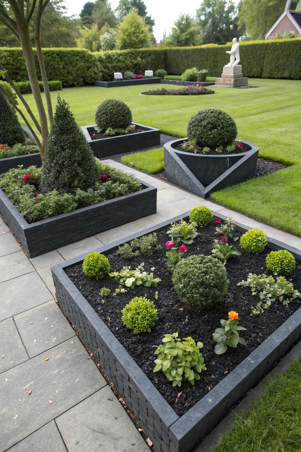 Modern geometric designs using black mulch in the garden.