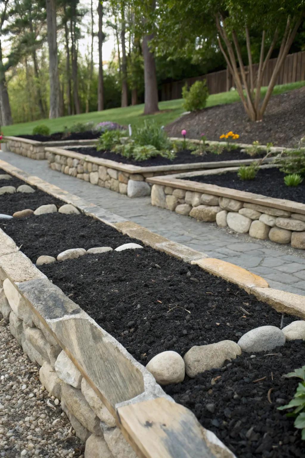 Rustic charm with stone-edged black mulch beds.