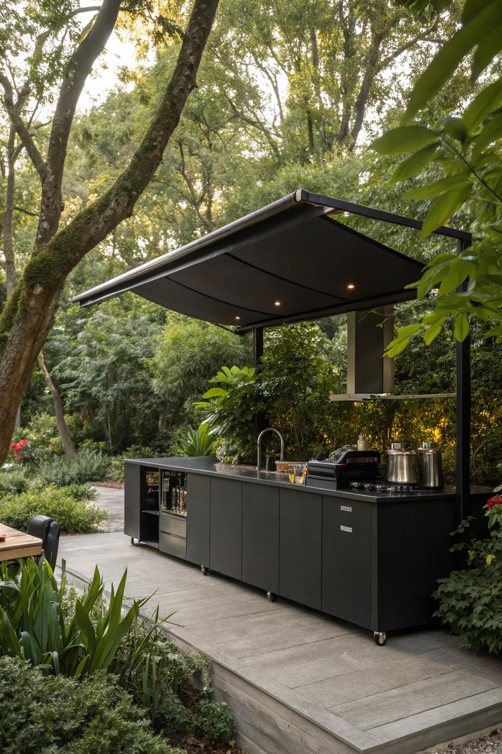 A retractable canopy provides flexible weather protection.