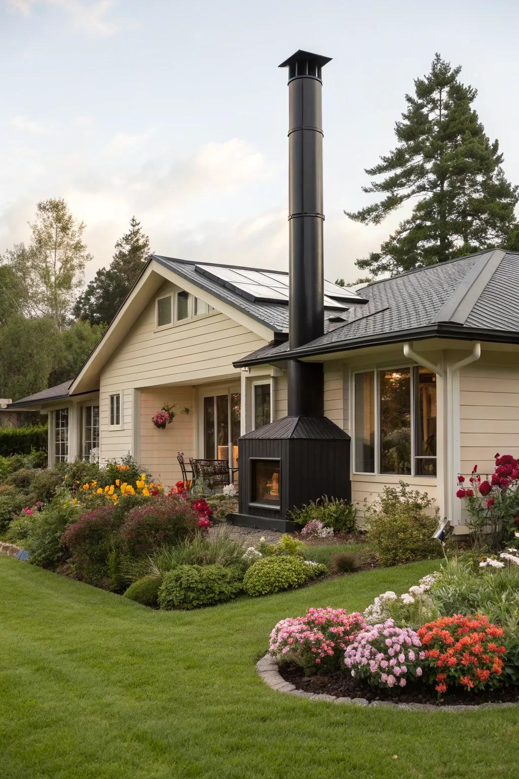A black chimney brings a chic update to this suburban home.