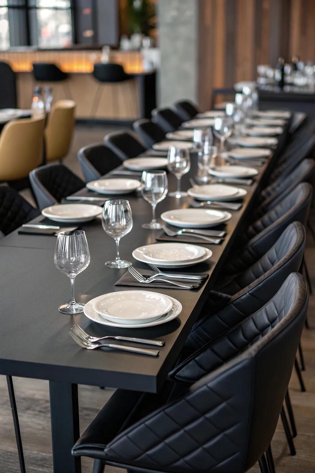 A black dining set creates an elegant space for outdoor dining.