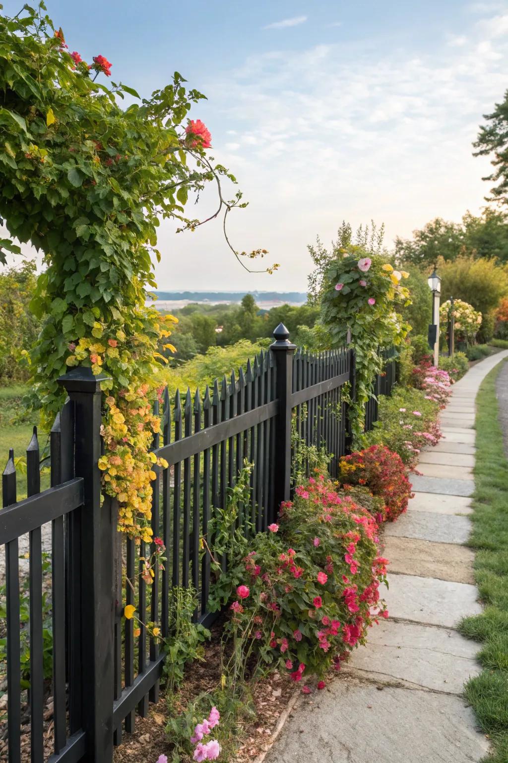 A living wall of greenery enhances a black fence.