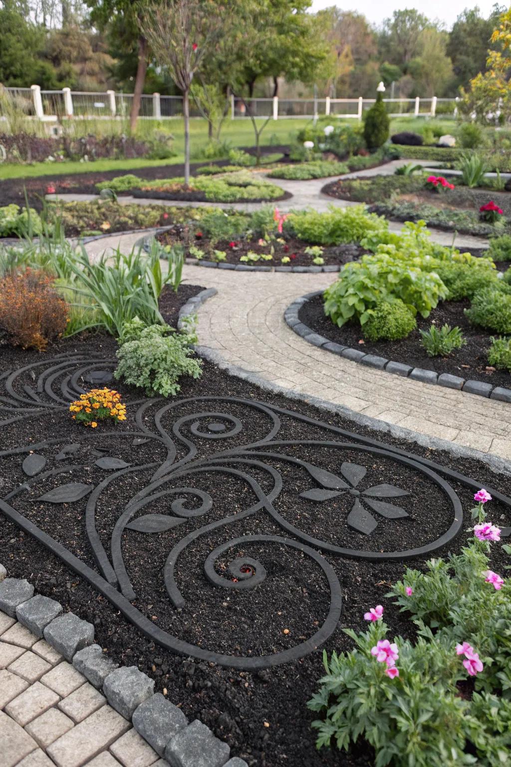 Creative patterns in the garden using black rubber mulch.