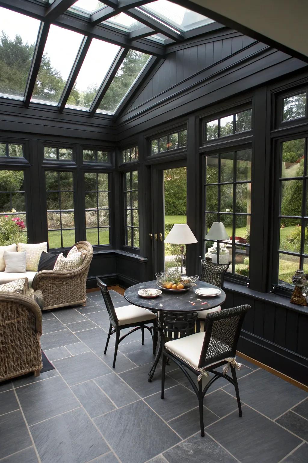 Define distinct functional spaces in your black sunroom for maximum versatility.