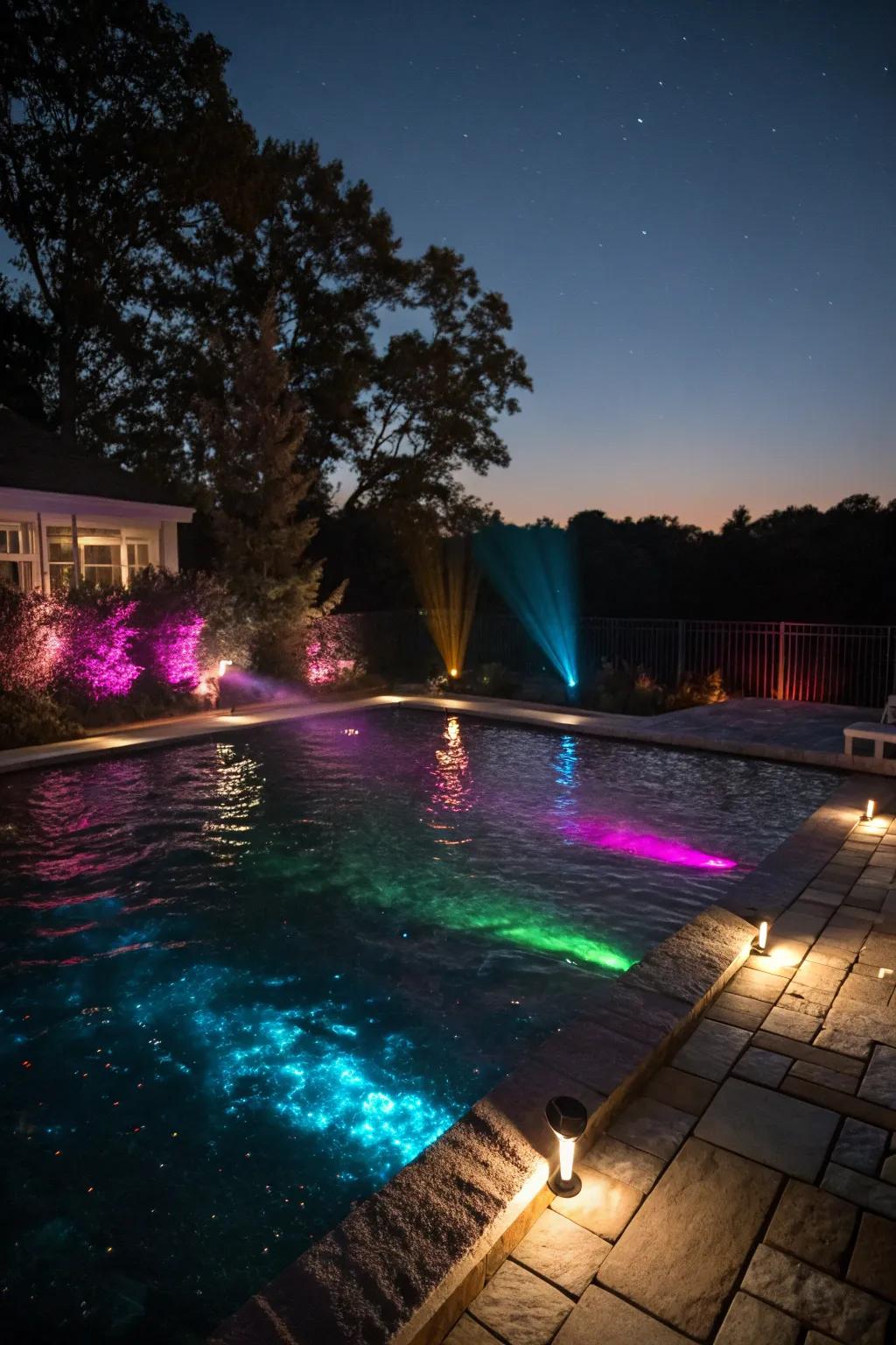 Underwater LED lights create a captivating nighttime pool scene.