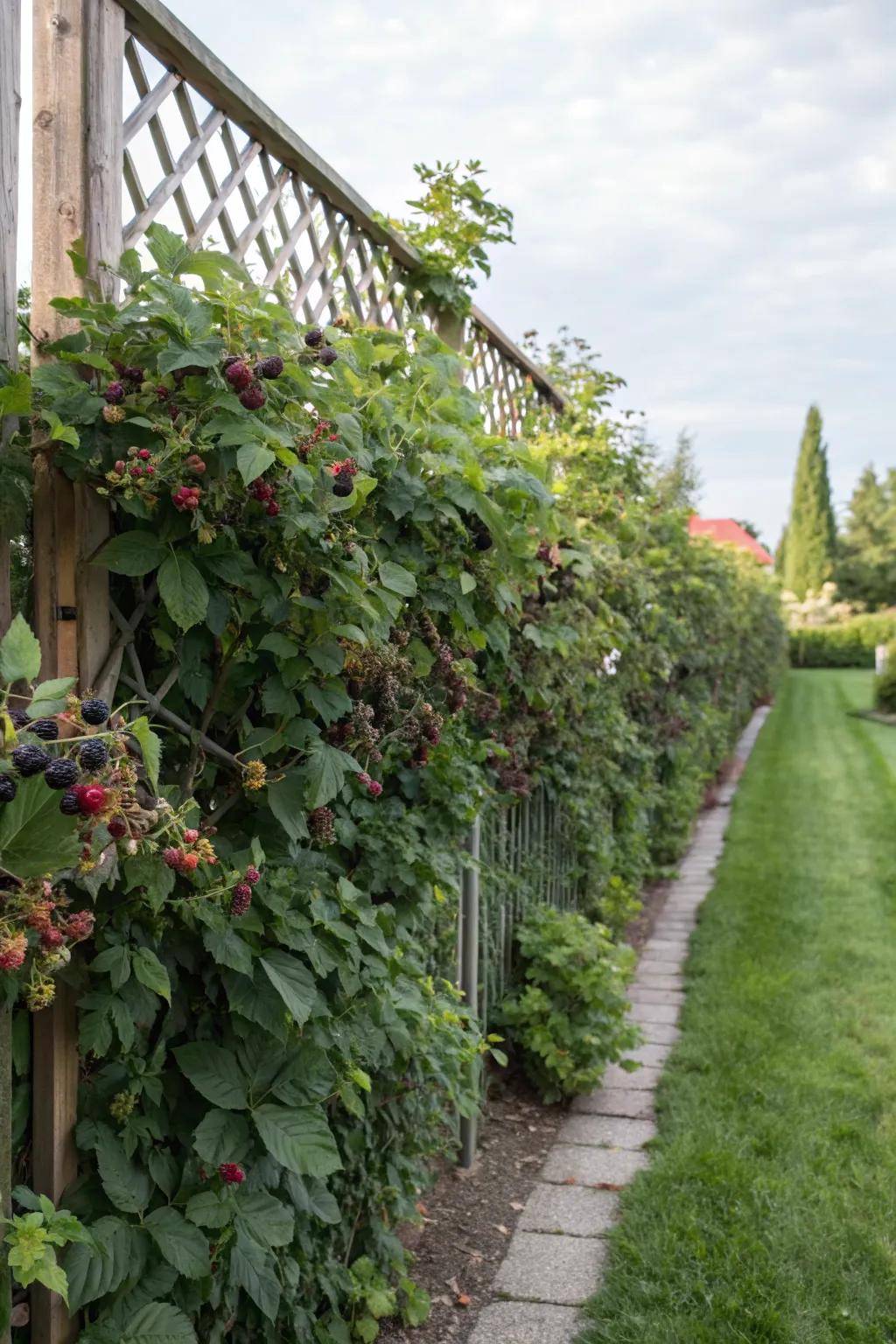 A living fence trellis providing both privacy and produce.
