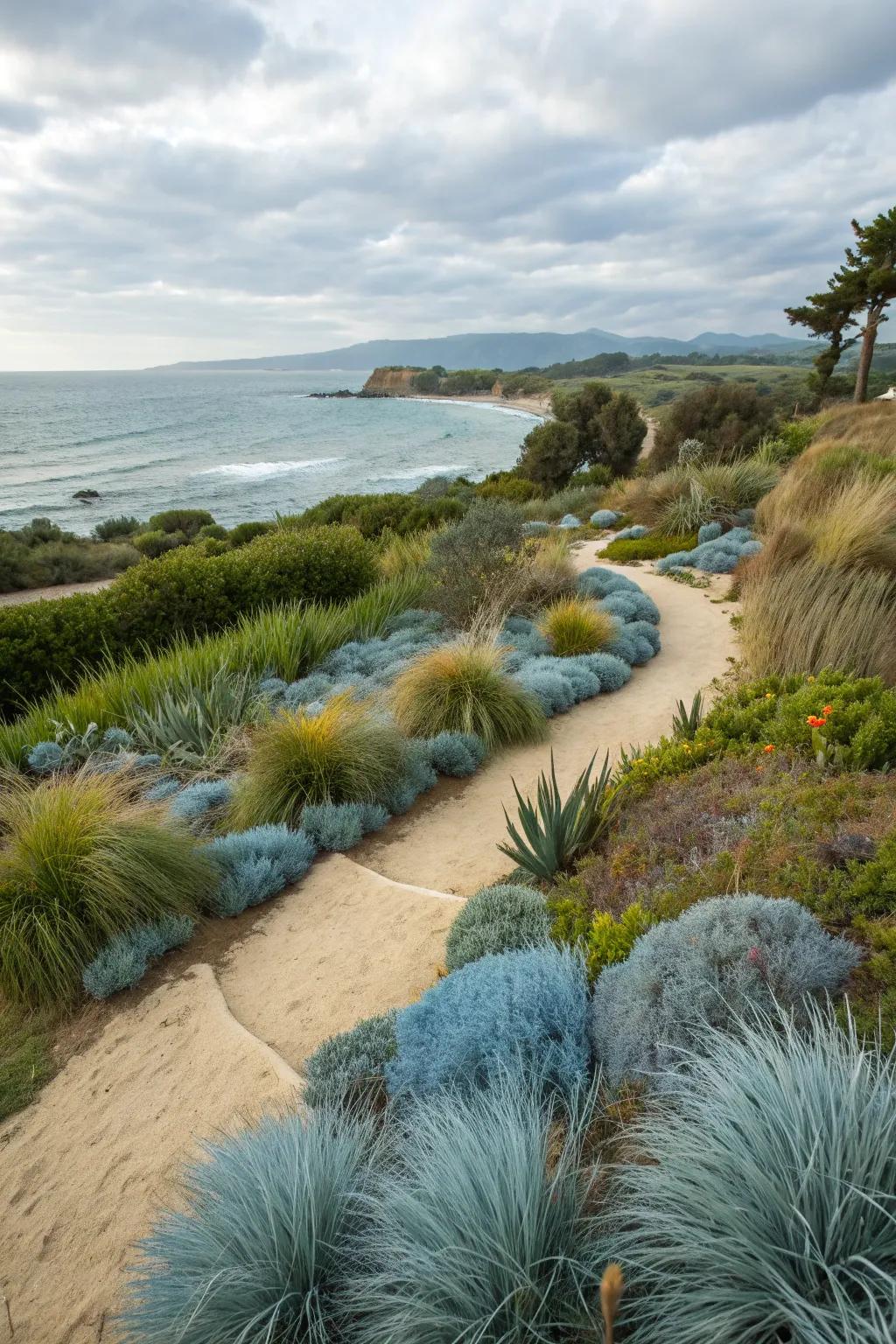 Blue fescue complements the coastal charm of this seaside garden.