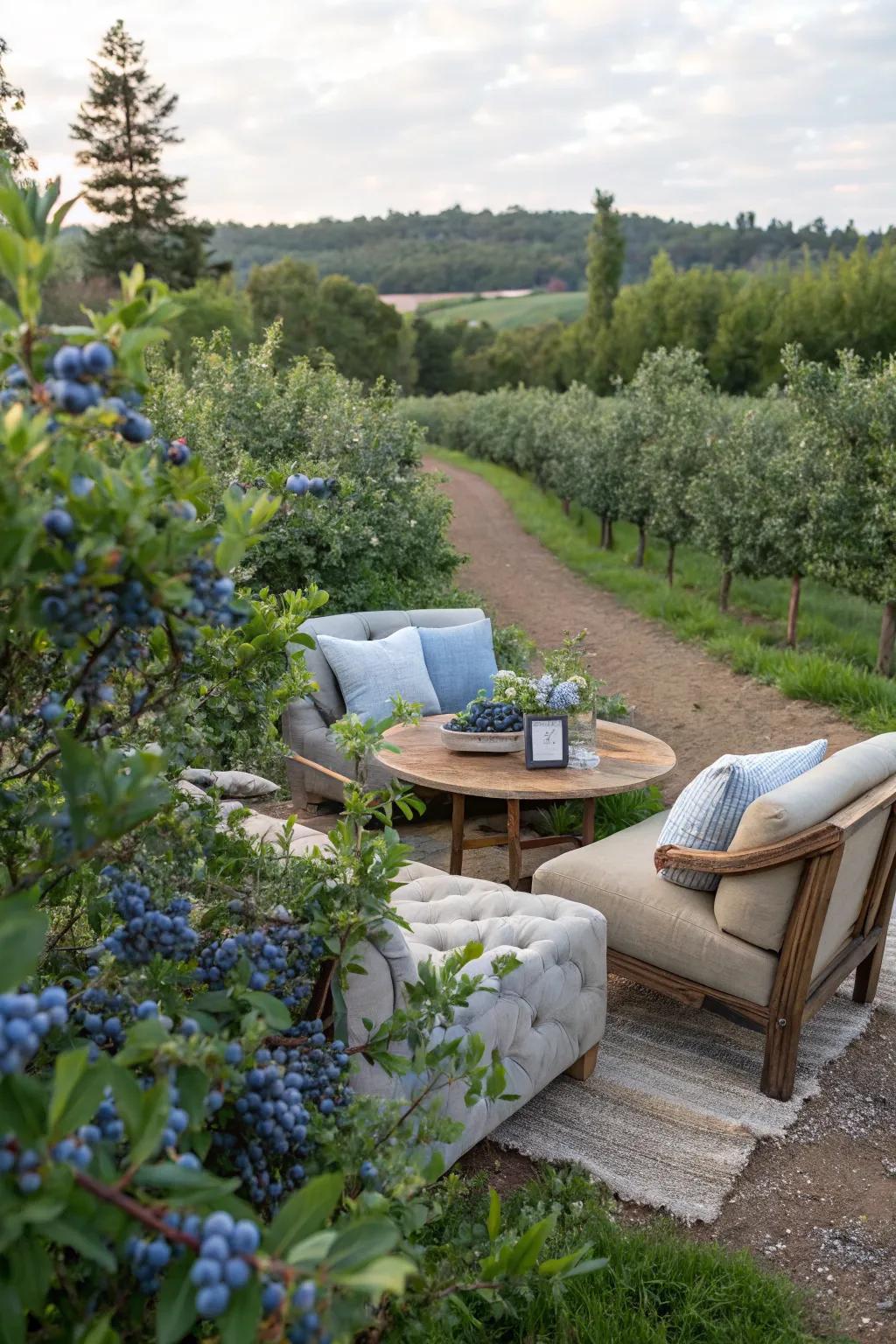 Relax in a serene seating area with a view of lush blueberries.