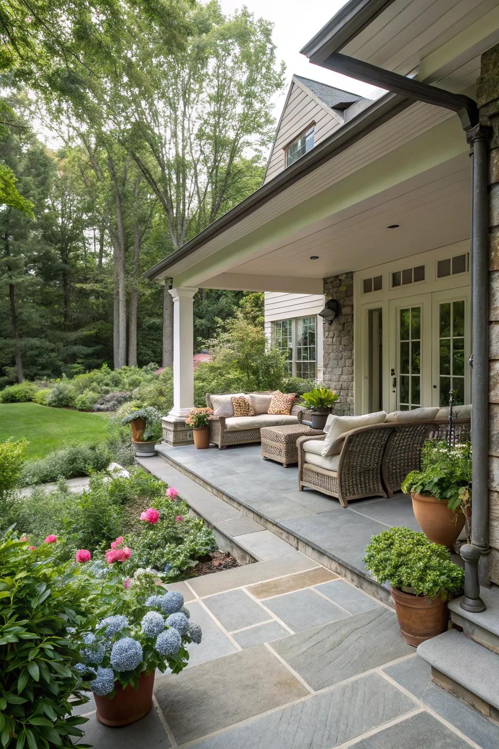 A bluestone porch blending into open outdoor spaces.