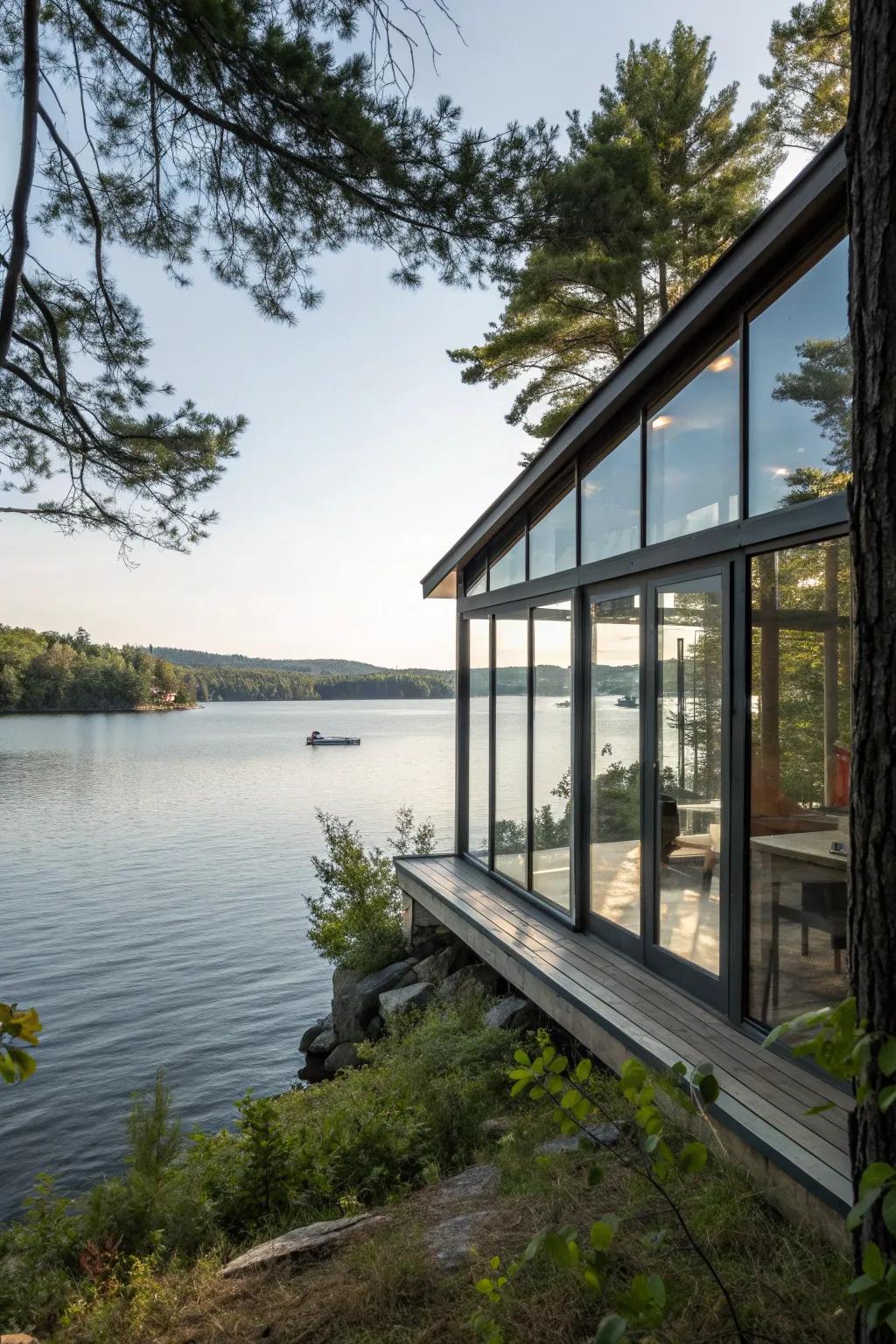 A boat house with large glass windows showcasing panoramic lake views.