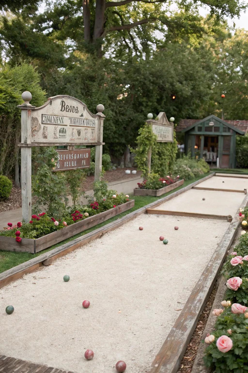 Vintage charm adds character to this bocce court.